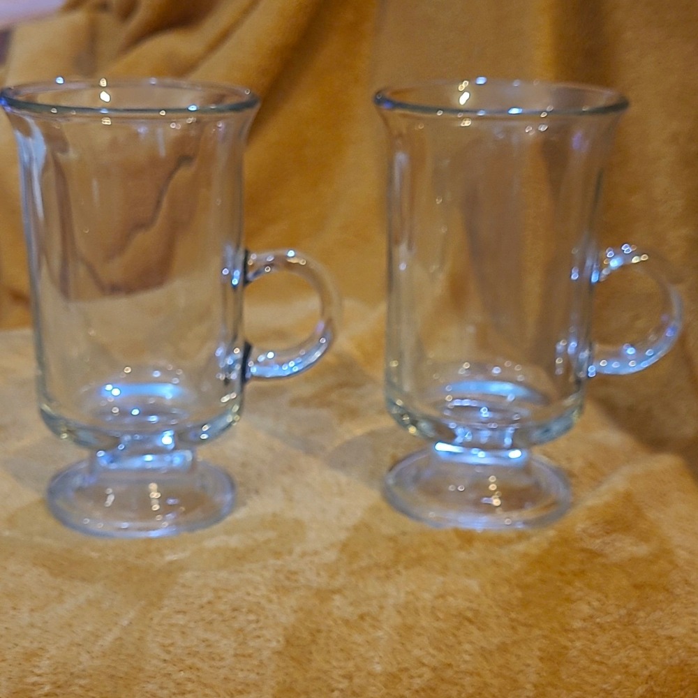 Set of 2 Clear Glass Pedestal Coffee Mugs w/ Handles, 12 fl oz, Dishwasher Safe